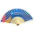 A bamboo paper hand fan featuring blue and multicoloured stripes, with a branded logo on the design.