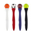 A collection of four fidget spinner pens in white, red, purple, and black, each topped with a different sports ball.