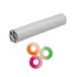 A roll of foil and three colourful, sweet candy rings in orange, green, and pink. The foil is wrapped securely.
