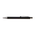 A black pen with a silver clip and tip, featuring a sleek and minimalist design.