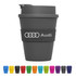 A drink bottle in grey with a removable lid and silicone sleeve, alongside various coloured cups.