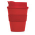 A drink bottle in a vibrant red colour with a silicone sleeve. It features a lid and a logo.