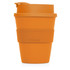 An orange Eco Coffee Cup with a fitted lid and silicone sleeve, featuring a logo. Holds 356ml.