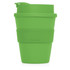 A green Eco Coffee Cup made of plastic, featuring a two-part design with a secure lid and branding.