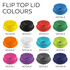 A collection of flip top lids in various colours including yellow, black, green, white, blue, pink, and purple.