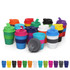A collection of colourful Eco Coffee Cups in various hues, featuring lids and bands for easy grip.