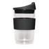 A drink bottle featuring a clear glass body with a black silicone sleeve and a lid. It has a sleek double-wall design.