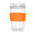 A drink bottle featuring a clear glass design with an orange silicone band, holding 300ml. It has a logo on the side.