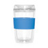 A drink bottle featuring a clear glass construction with a blue silicone grip, designed for eco-friendly use.
