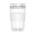 A double-walled glass coffee cup with a transparent design and a white silicone sleeve for grip.