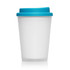 A frosted white plastic cup with a blue lid, designed for beverages. The cup features a logo.
