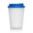 A frosted white plastic coffee cup with a blue lid, featuring a logo. The capacity is 356ml.