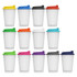 A collection of frosted double wall plastic cups in various colours, each with a matching lid.