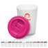 A frosted white double wall coffee cup with a pink lid and various coloured lids below. It has a logo on the cup.
