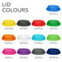 Various lid colours for drink bottles, including yellow, grey, red, blue, white, and purple. All lids are round and feature a logo.