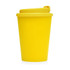 A drink bottle in bright yellow with a plastic double wall and a secure lid, featuring a logo.