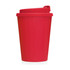 A red double wall eco coffee cup with a secure lid, designed for takeaway beverages. Features branding.