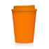 An orange double wall reusable coffee cup with a matching lid. Features a logo on the cup.