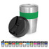 A drink bottle with a stainless steel body, a black lid, and a green silicone band, showcasing various colour options.