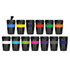 A collection of Eco Coffee Cups in various colours with black lids, showcasing a range of sizes and designs.