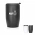 A drink bottle featuring a matte black and white design, with a lid and an emblem. It has a sleek, double-wall structure.