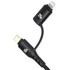 A black fast charging data cable with USB-C and Lightning connectors, featuring a braided design and power ratings on the ends.