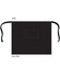 A black short waist apron with ties and a pocket, measuring 84cm x 69cm, featuring a logo.