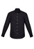 A black slim fit long sleeve button-up shirt with a collar and white buttons. Features a logo present.