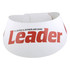 A white sun visor with red text, featuring a logo or branding.