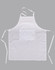 A white bib apron with a pocket and adjustable ties, featuring a logo on the front.