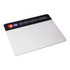 A rectangular mouse mat in shades of white and black, featuring a logo at the top.