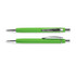 A green soft-touch pen with chrome accents and a clip, featuring a sleek design and branding.