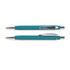 A soft-touch pen in teal with chrome accents, featuring a sleek design and a metallic clip.