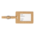 A cork luggage tag in a natural brown colour with a metal buckle, featuring a white label for personal details.