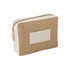 A jute cosmetic bag featuring a natural jute front and a cream canvas back, complete with a zipper and branding.