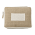 A jute cosmetic bag with a natural brown and cream design, featuring a simple logo on the front.