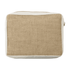 A jute cosmetic bag featuring a tan woven texture with a light cream base and a zip closure.