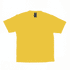 A yellow t-shirt with a round neckline and short sleeves, featuring a logo on the back near the neck.