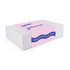 A rectangular box in white and pink with a logo and decorative text on the front.