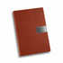 A brown A5 notebook featuring a textured design and a metallic accent, along with a branding logo.