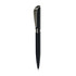 A black metal ballpoint pen with a sleek design and a clip, featuring a branding logo.