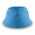 A blue bucket hat featuring a wide brim and small ventilation holes. It includes a discreet logo.
