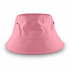 A large pink bucket hat with eyelets on either side and a wide brim, featuring a logo.