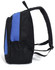 A black and blue backpack with a side mesh pocket and padded shoulder straps. Features a logo on the front.