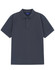 A men's short-sleeve polo in dark navy cotton/poly pique fabric, featuring a collar and three buttons.