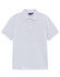 A white men's classic cotton/poly pique short-sleeve polo shirt with a collar and a logo.