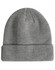 A grey cable knit snug beanie with a roll-up cuff and a small logo on the side.