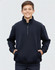 A navy blue kids' half zip collar fleecy sweatshirt with long sleeves and a front zipper. It features a logo.