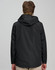 A unisex waterproof jacket in black, featuring a hood and back view design. Includes branding on the jacket.