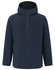 A navy unisex waterproof jacket with a hood and zippered front, featuring side pockets and a logo.